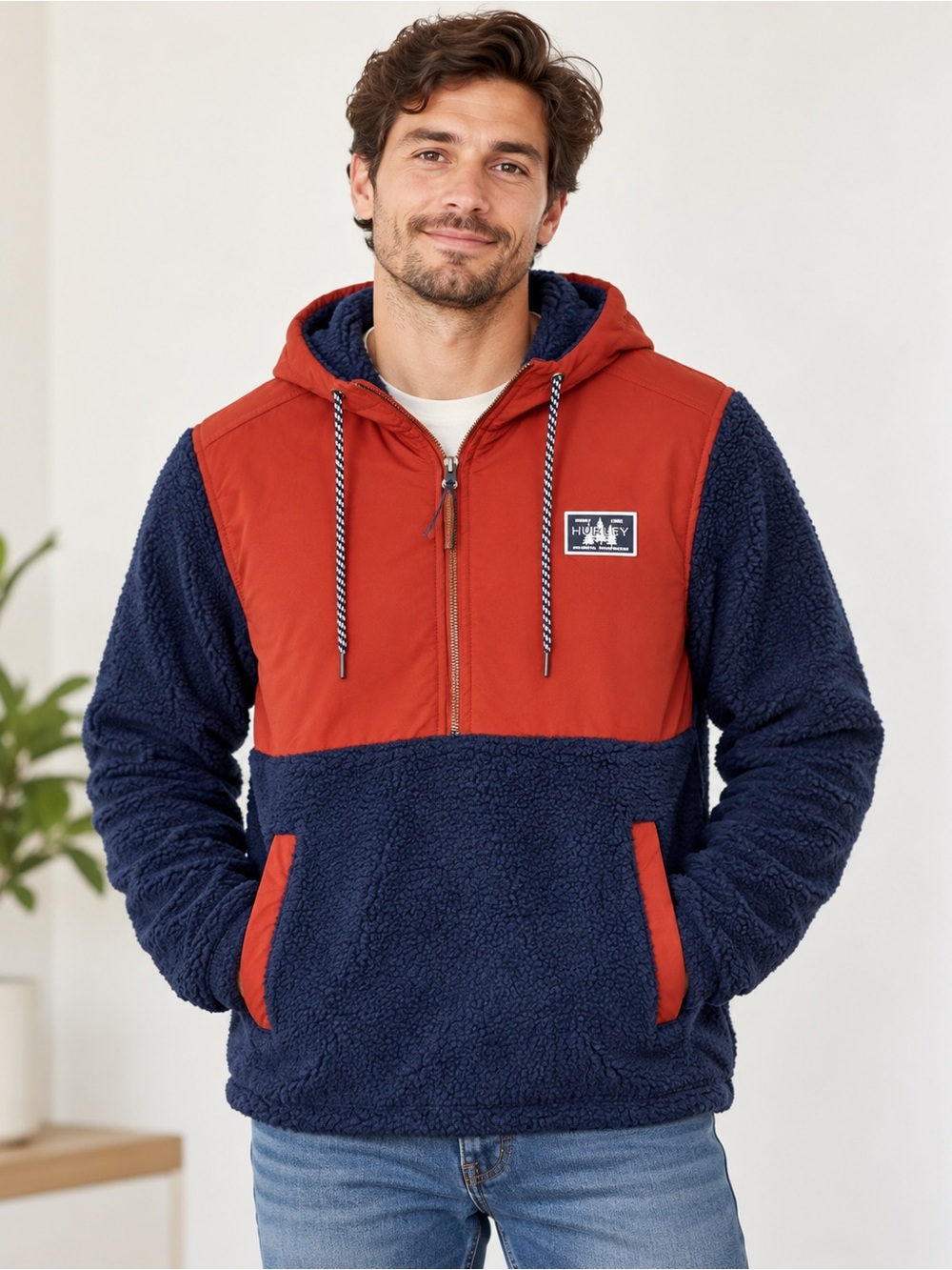 Hurley NWT Sherpa Half Zip Hoodie Pullover Approx Large Rust Navy Fleece